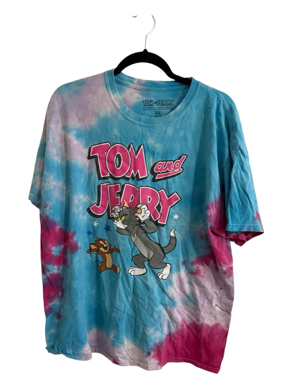 Tom and Jerry Tie Dye Graphic T Shirt Womens XL Blue Pink Cartoon Tee
